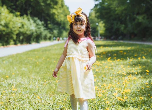 Little girl in the park picking yellow dandelion flowers on a sunny summer day