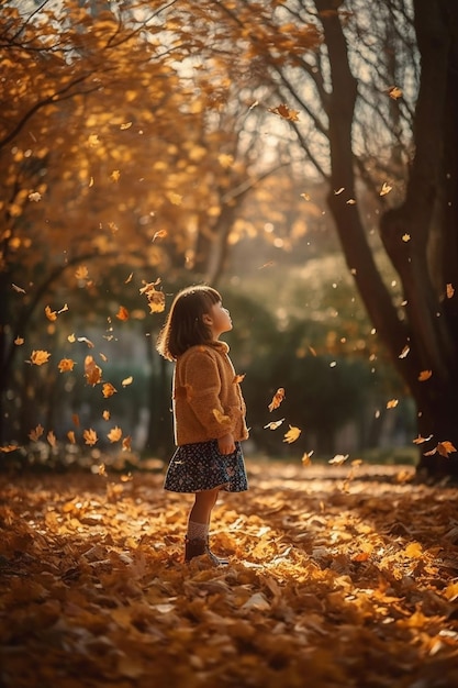 A little girl in a park with autumn leaves falling from the sky