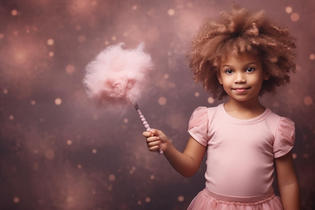 A little girl in a pink dress holds a cotton candy wand.