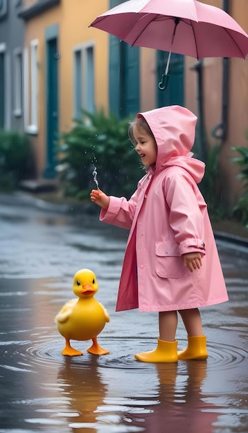 Photo a little girl in a pink raincoat is playing with a rubber duck