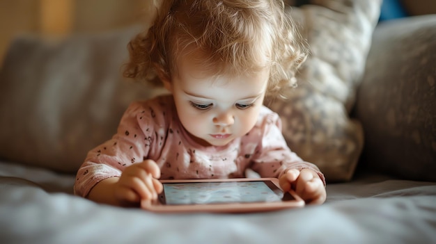 Photo a little girl in a pink shirt uses a tablet on a couch