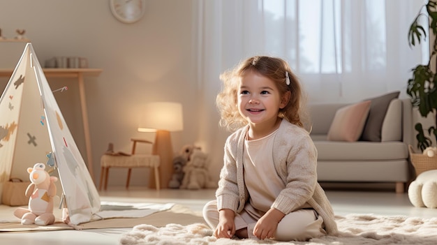 a little girl playing on the carpet in the living room with stuffed toys around her