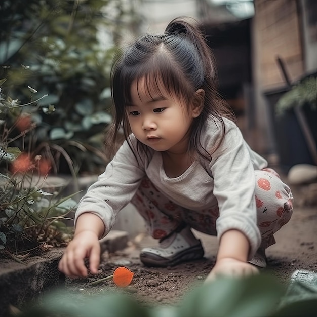 A little girl playing in the dirt with a flower in her hand.