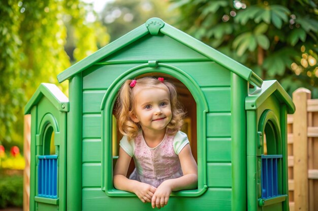 Photo little girl playing in green plastic kid house at childrens playground child having fun outdoors