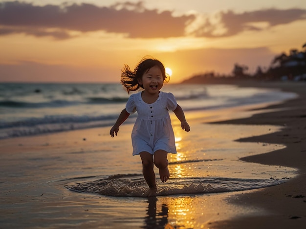 a little girl playing in the water at sunset