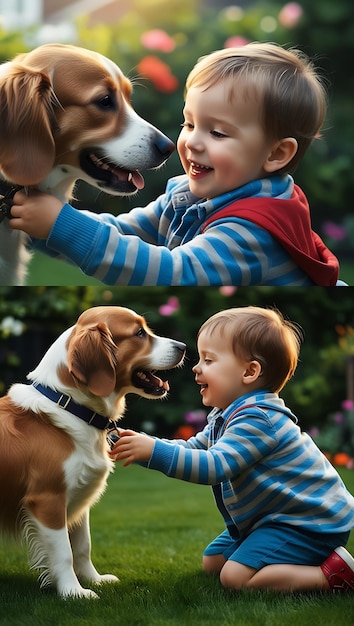 Photo little girl playing with cute dogs