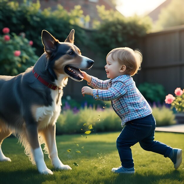 Photo little girl playing with cute dogs