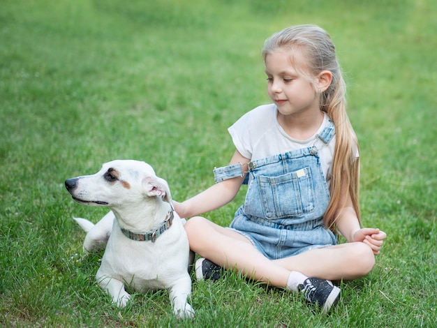 Little girl playing with a dog breed Jack Russell Terrier