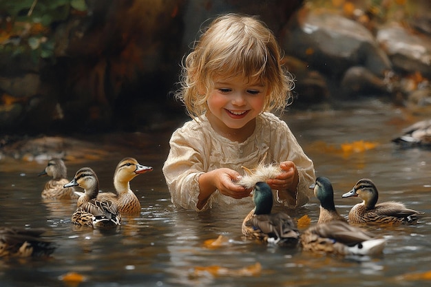 a little girl playing with ducks in the water with ducks