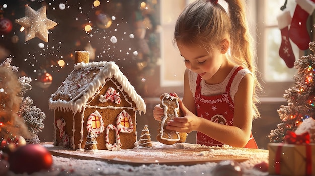 Photo a little girl playing with a gingerbread house