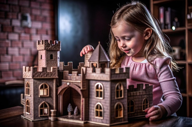 Photo little girl playing with handmade castle