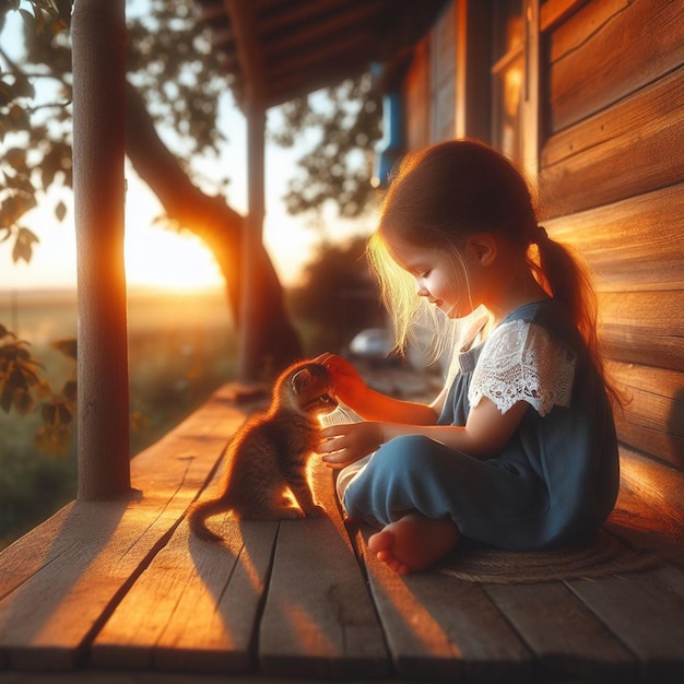 a little girl playing with a kitten