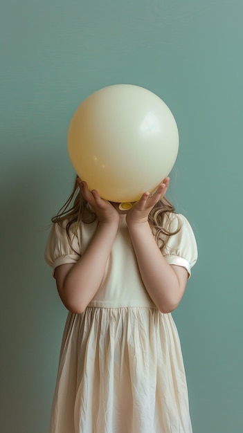 Little girl playing with pastel yellow balloon