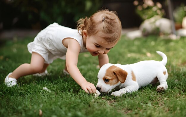 Photo little girl playing with puppy in grass