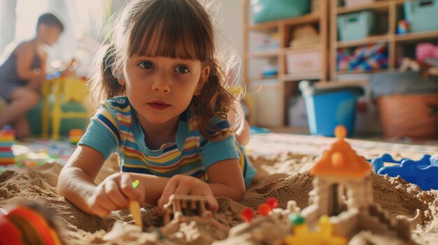 Photo a little girl playing with sand toys in front of a toy house