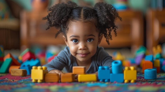 Little Girl Playing With Wooden Blocks