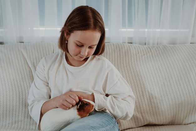 Little girl plays with guinea pig on the couch Care of Pets