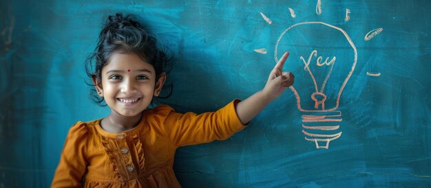 Little Girl Pointing to Light Bulb Drawing on Chalkboard