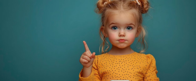 Photo little girl pointing up with a serious expression