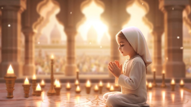 a little girl praying in front of a temple with candles