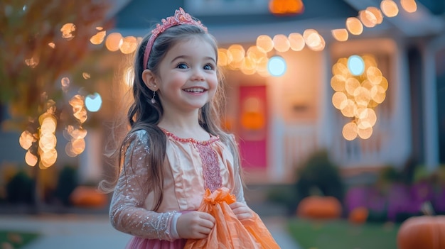 Photo a little girl in a princess costume happily holding her trickortreat bag and smiling at a decorated house