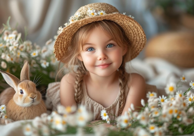 Little girl and rabbit in spring photo session