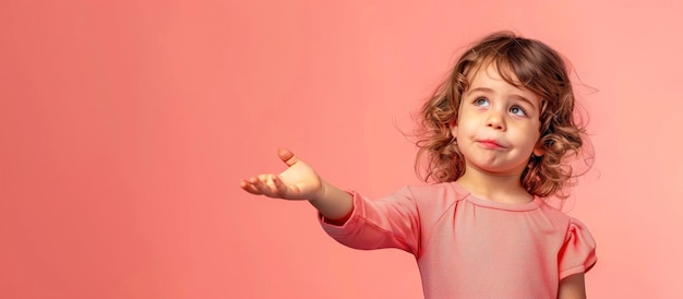 Photo a little girl reaching out with her hand on a pink background copy space concept web banner