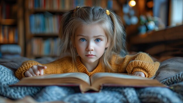 Little girl read interesting book in bed AI