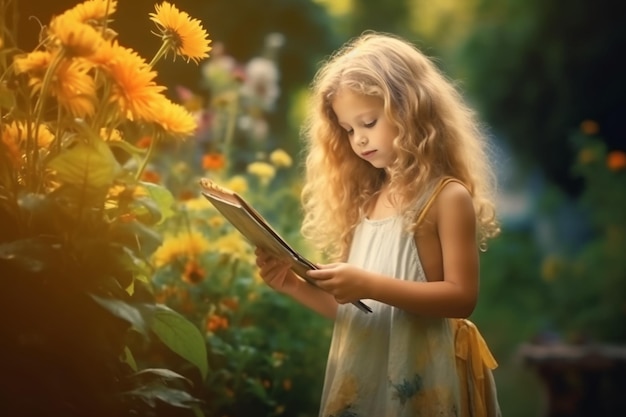 A little girl reading a book in a garden