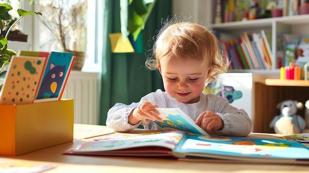 Photo little girl reading a colorful book at a wooden table