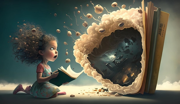 Little girl reading fantasy book and imagining generative ai