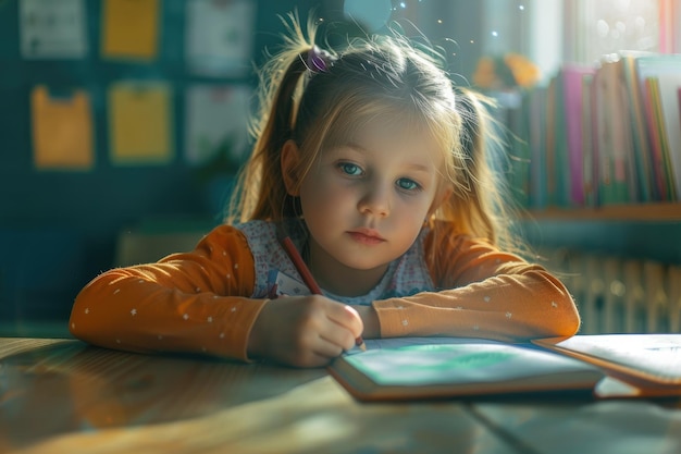 Photo little girl reading homework in the classroom