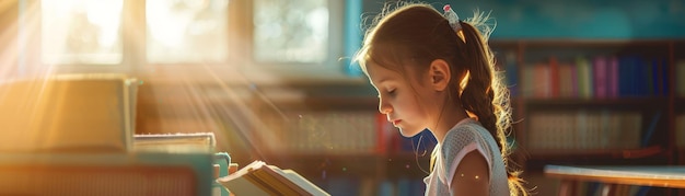 Little Girl Reading in a Sunlit Library A young girl with long brown hair sits in a library engrossed in a book as sunlight streams through the window