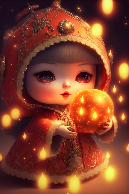 Little girl in a red dress holding a pumpkin generative ai