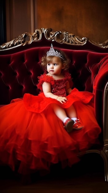 A little girl in a red dress sits on a red chair.