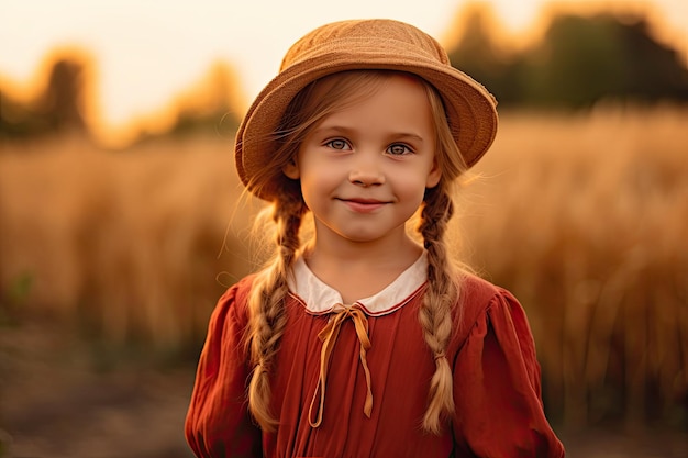 A little girl in a red dress stands in a field of wheat.