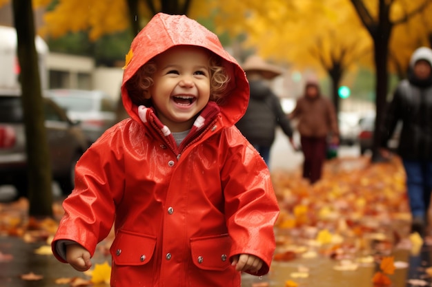 a little girl in a red raincoat is laughing