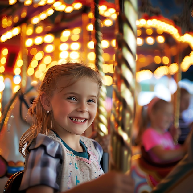 Little girl riding a carousel at a fair The lights are blurred in the background