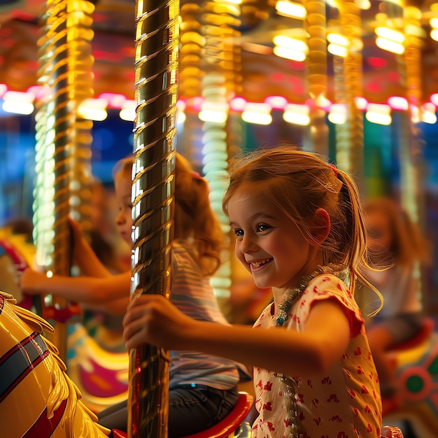 Little girl riding a carousel at a funfair The girl is smiling and holding onto the pole