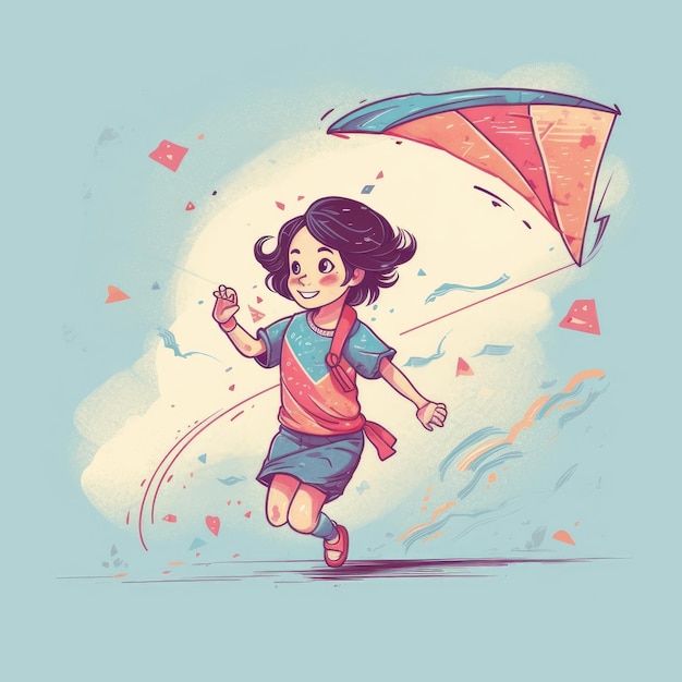 Little girl running flying kite cartoon illustration with generative ai