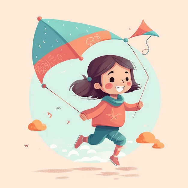 Little girl running flying kite cartoon illustration with generative ai