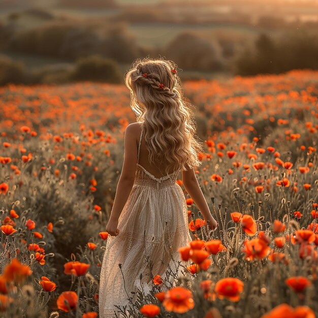 Little Girl Running in Poppy Field at Dawn