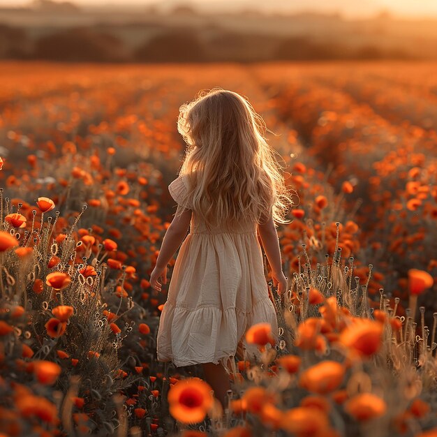 Little Girl Running in Poppy Field at Dawn