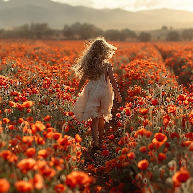 Little Girl Running in Poppy Field at Dawn