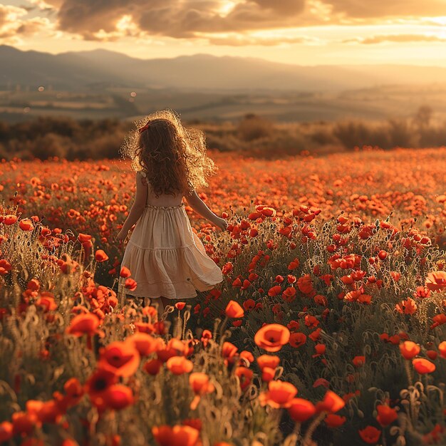 Little Girl Running in Poppy Field at Dawn