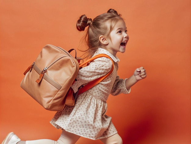 Photo little girl running to school with backpack back to school