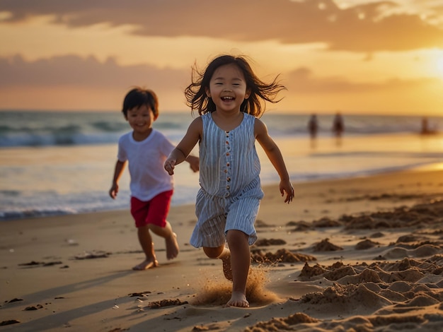 a little girl runs on the beach and smiles at the camera