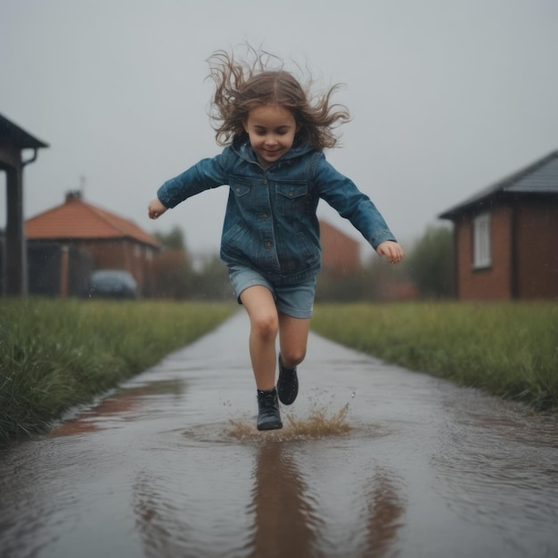 Photo a little girl runs in a puddle of water with her hair blowing in the wind