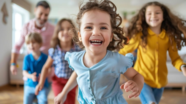 a little girl runs with her friends and smiles