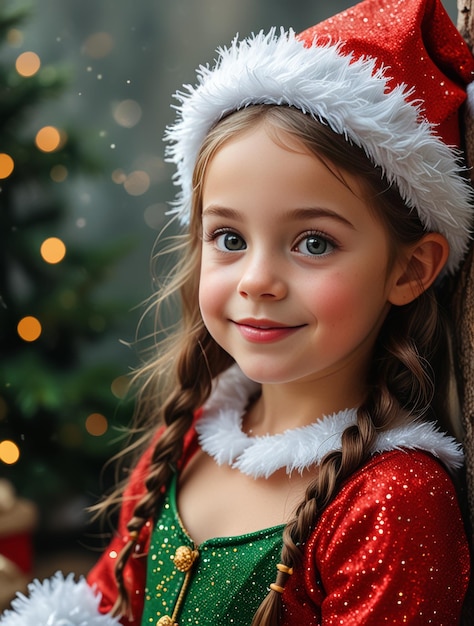 a little girl in a santa hat is wearing a santa hat